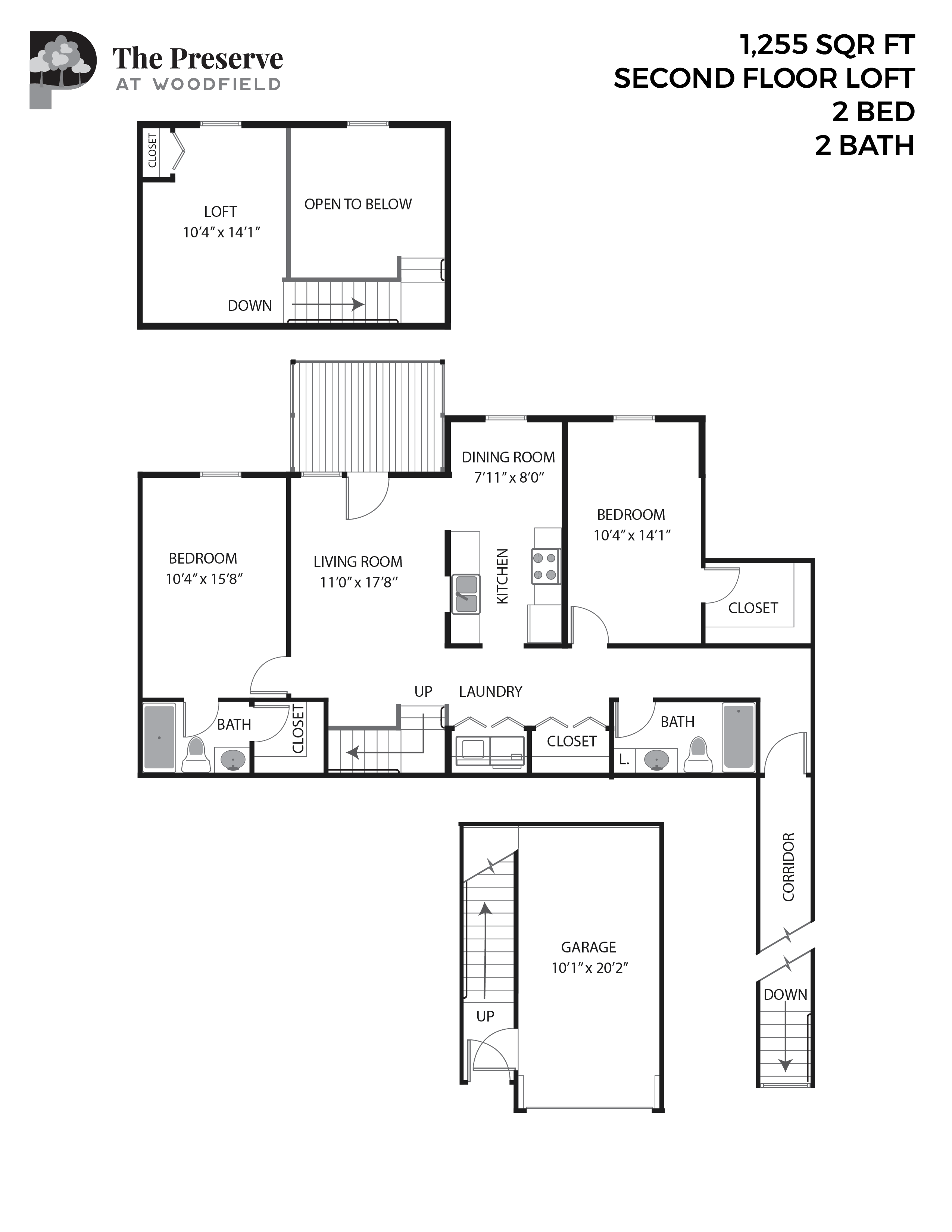 Floor plan for 2 beds, 2 baths, 1255 sqft